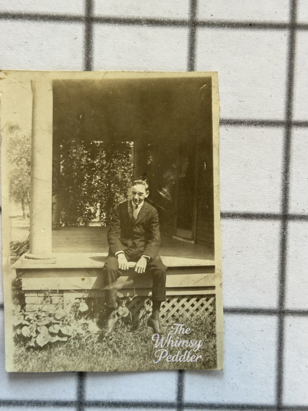 Vintage Photo Young Man in Suit Seated on Porch Antique Snapshot Vintage Photo Young Man in Suit Seated on Porch Antique Snapshot