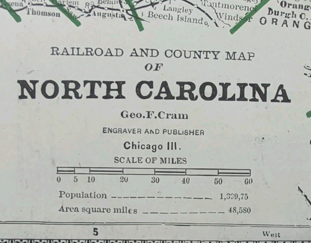 Vintage 1884 NORTH CAROLINA Map 13"x11" Old Antique Original RALEIGH DURHAM CARY