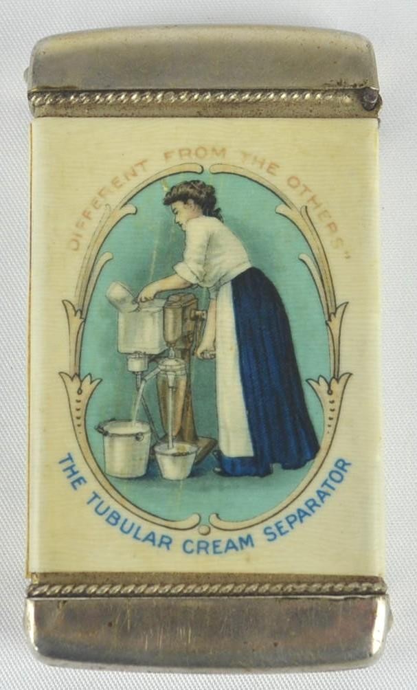 ANTIQUE c1910 SHARPLES TUBULAR CREAM SEPARATOR CO. MATCH SAFE - CELLULOID WRAP ANTIQUE c1910 SHARPLES TUBULAR CREAM SEPARATOR CO. MATCH SAFE - CELLULOID WRAP