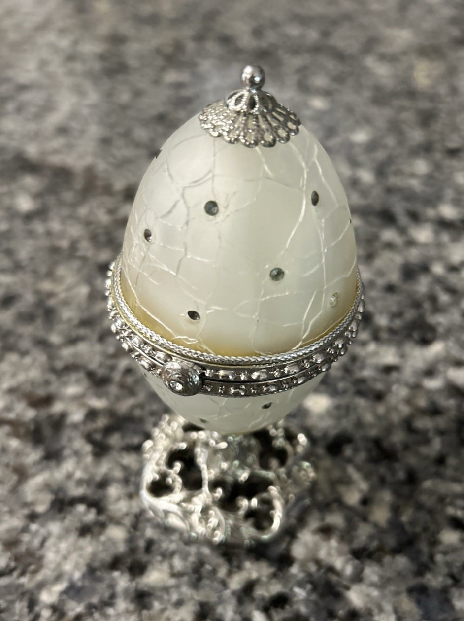 Fabergé Style Decorative Egg Trinket Box -w Rhinestone Silver Tone Hinged Fabergé Style Decorative Egg Trinket Box -w Rhinestone Silver Tone Hinged