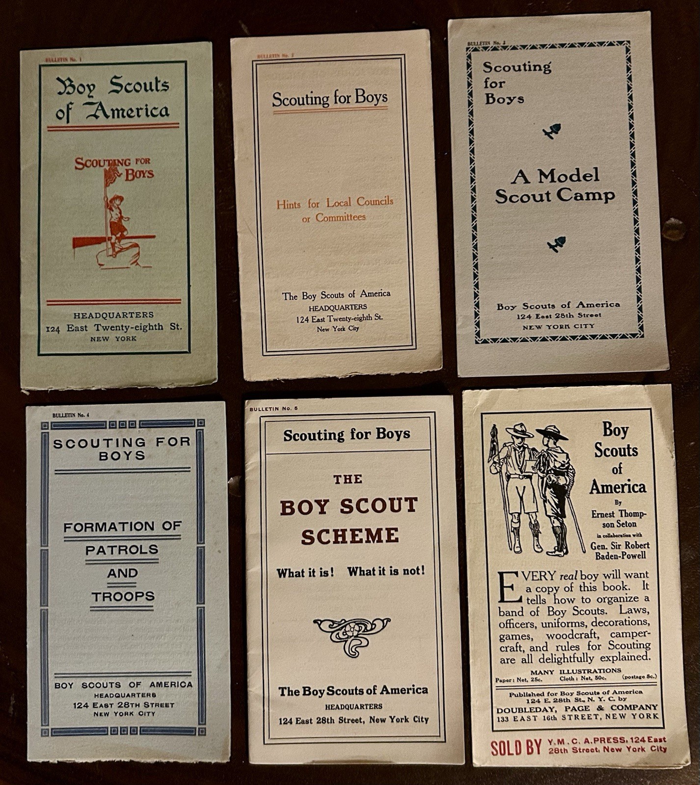 RARE 1910 Boy Scouts of America Bulletins 1-5 Complete Set + YMCA Prospectus Lot RARE 1910 Boy Scouts of America Bulletins 1-5 Complete Set + YMCA Prospectus Lot