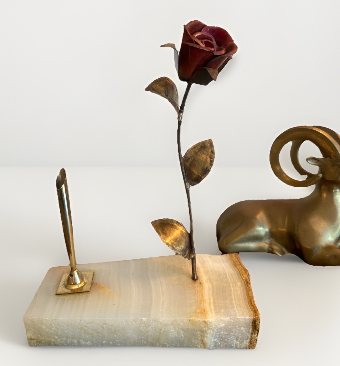 Vintage MCM Gold Brass Metal Enameled Rose Flower Marble Onyx Pen Holder RARE Vintage MCM Gold Brass Metal Enameled Rose Flower Marble Onyx Pen Holder RARE