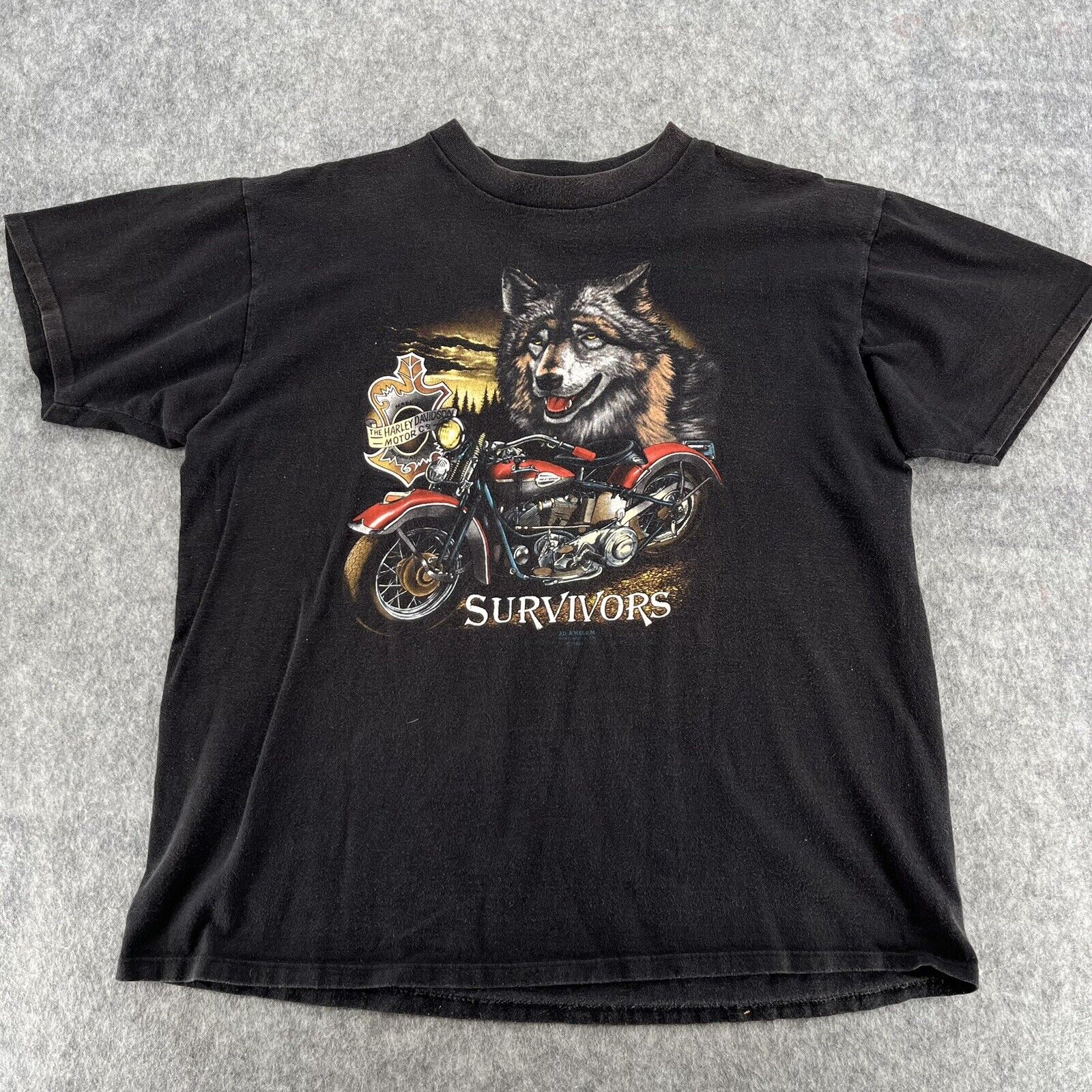 Vintage 1991 Harley Davidson Mens Black 3D Emblem Survivors Logo T Shirt Size XL