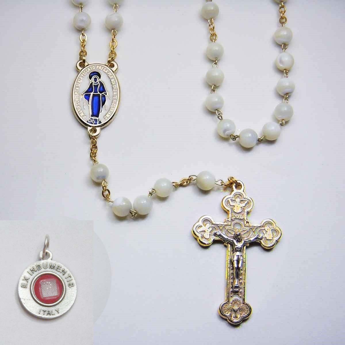 Genuine Round Mother of Pearl Rosary Enameled Miraculous Madonna Genuine Round Mother of Pearl Rosary Enameled Miraculous Madonna