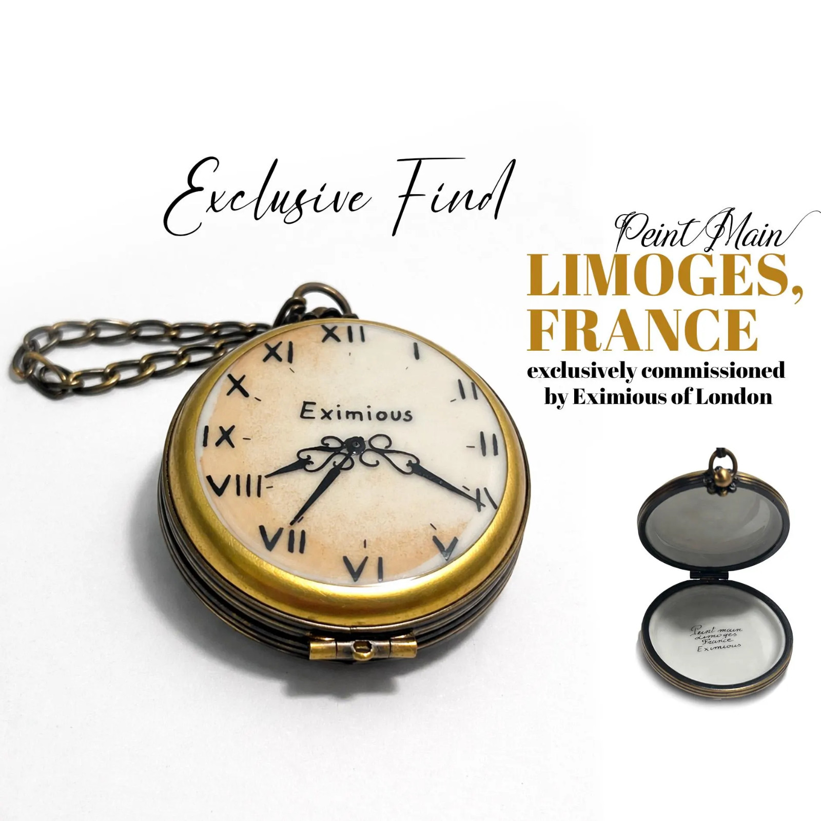 Super Rare Limoges Peint Main France Eximious Pocket Watch Trinket Box