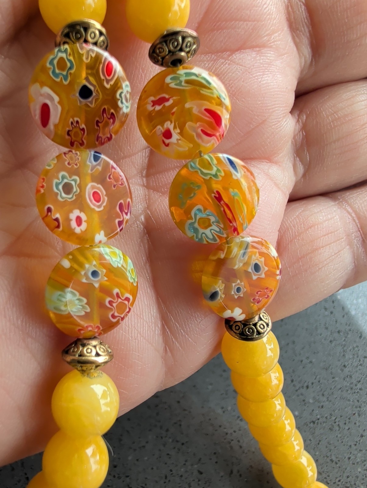 Rare Vintage Venetian Millefiori ? Yellow Glass Beads Beaded Necklace 18" R135