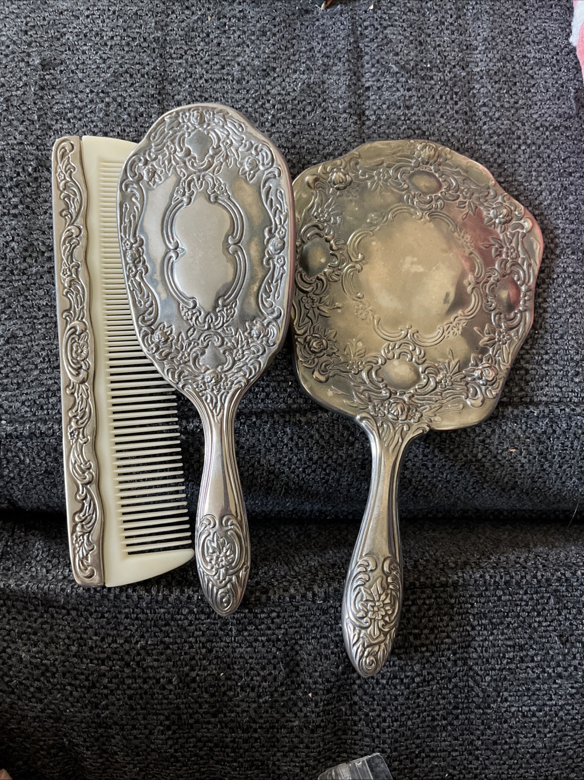 Antique French Victorian Portrait Hand Mirror and Hair Brush Comb Set Antique French Victorian Portrait Hand Mirror and Hair Brush Comb Set