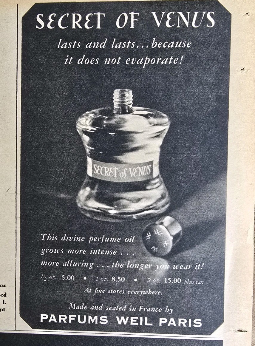 1963 Parfums Weil Paris Perfume Bottle Secret of Venus Vintage ad 1963 Parfums Weil Paris Perfume Bottle Secret of Venus Vintage ad