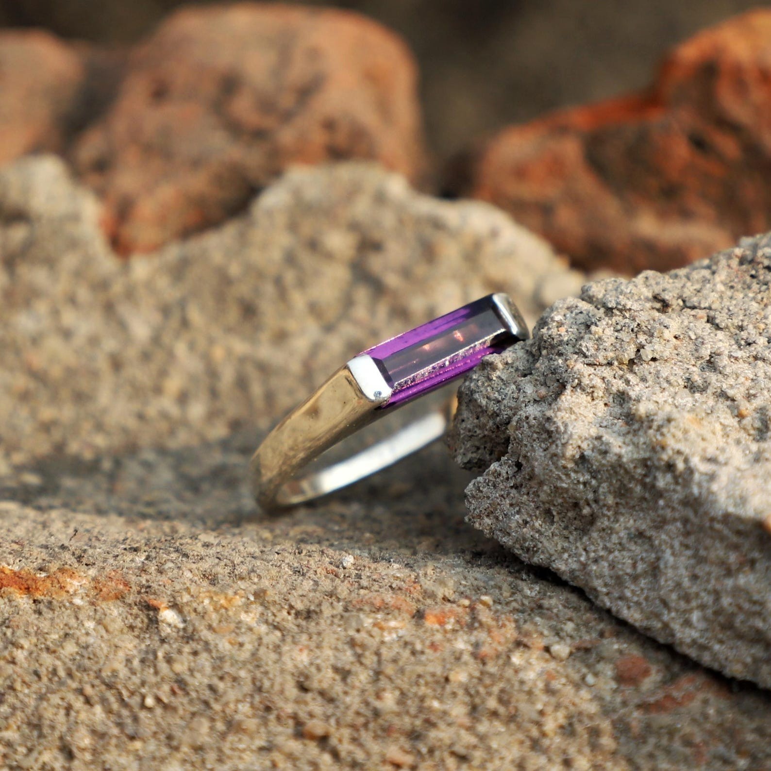 Vintage Natural Amethyst Signet Ring, 925 Sterling Silver Rectangle Bar Ring