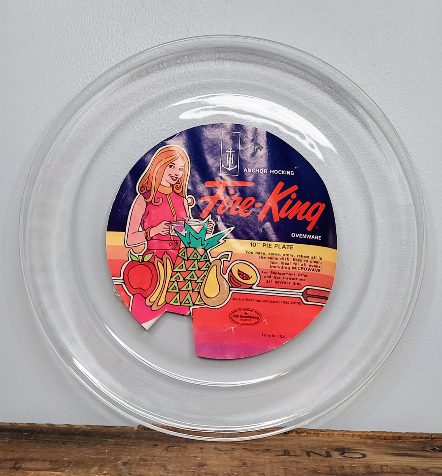 Vintage Fire-King Ovenware 10" Clear Glass Pie Plate with Original Label Vintage Fire-King Ovenware 10" Clear Glass Pie Plate with Original Label