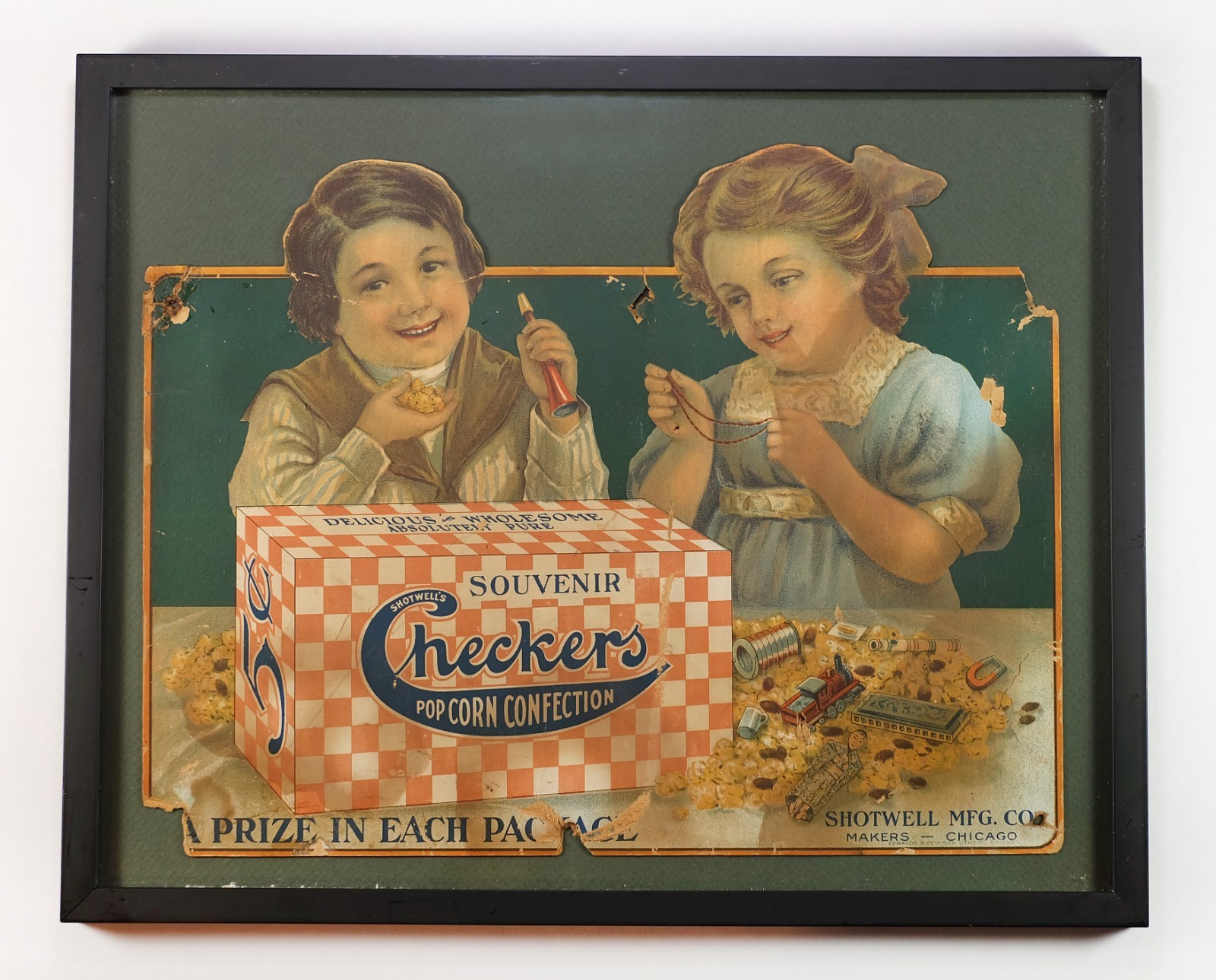 1910-1915 Checkers Popcorn Confection Advertising Die-Cut Cardboard Store Sign 1910-1915 Checkers Popcorn Confection Advertising Die-Cut Cardboard Store Sign