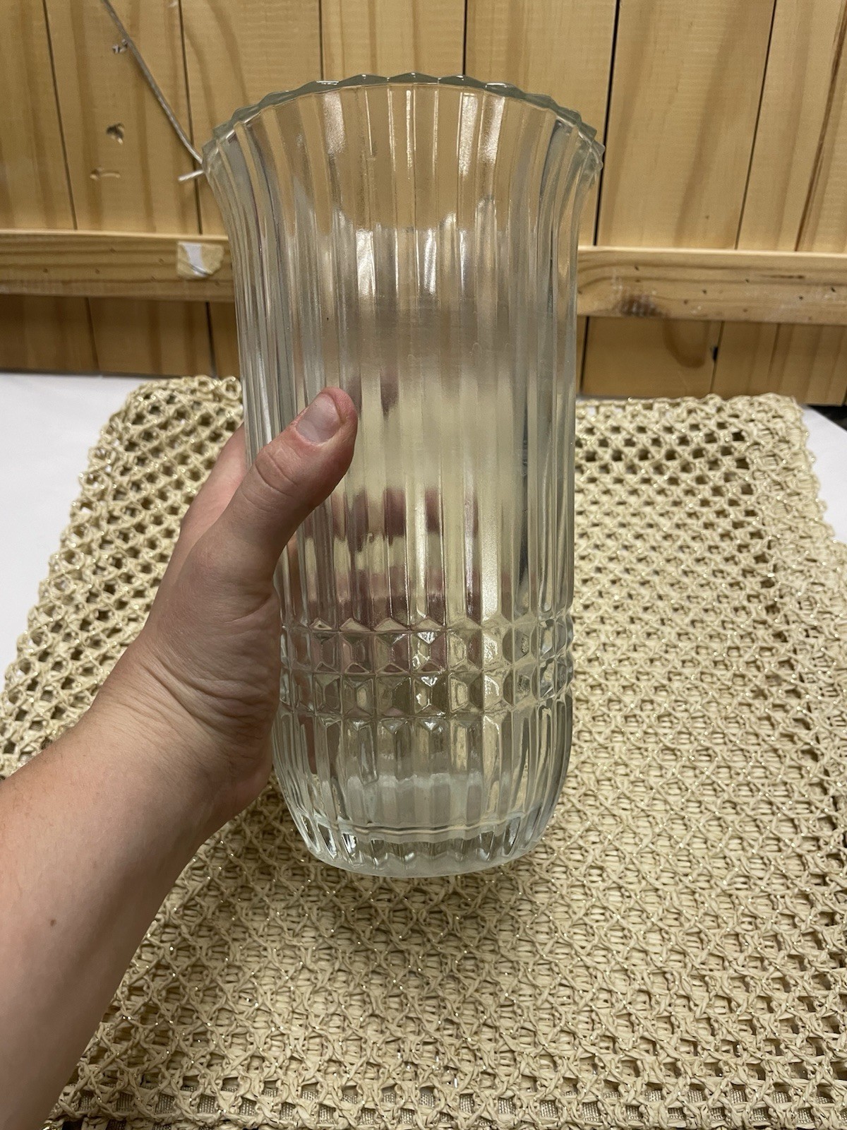 FTDA 1986 Vintage Glass Flower Vase with Flared Top and Ribbed Design 10in FTDA 1986 Vintage Glass Flower Vase with Flared Top and Ribbed Design 10in