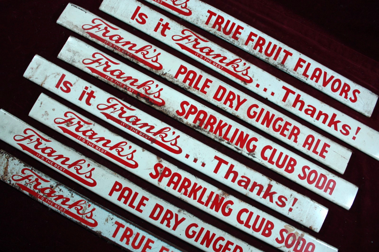 ** VINTAGE FRANK'S BEVERAGES SIGNS 8.PCS ORIGINAL SODA COLA ADVERTISING 1950s ** ** VINTAGE FRANK'S BEVERAGES SIGNS 8.PCS ORIGINAL SODA COLA ADVERTISING 1950s **