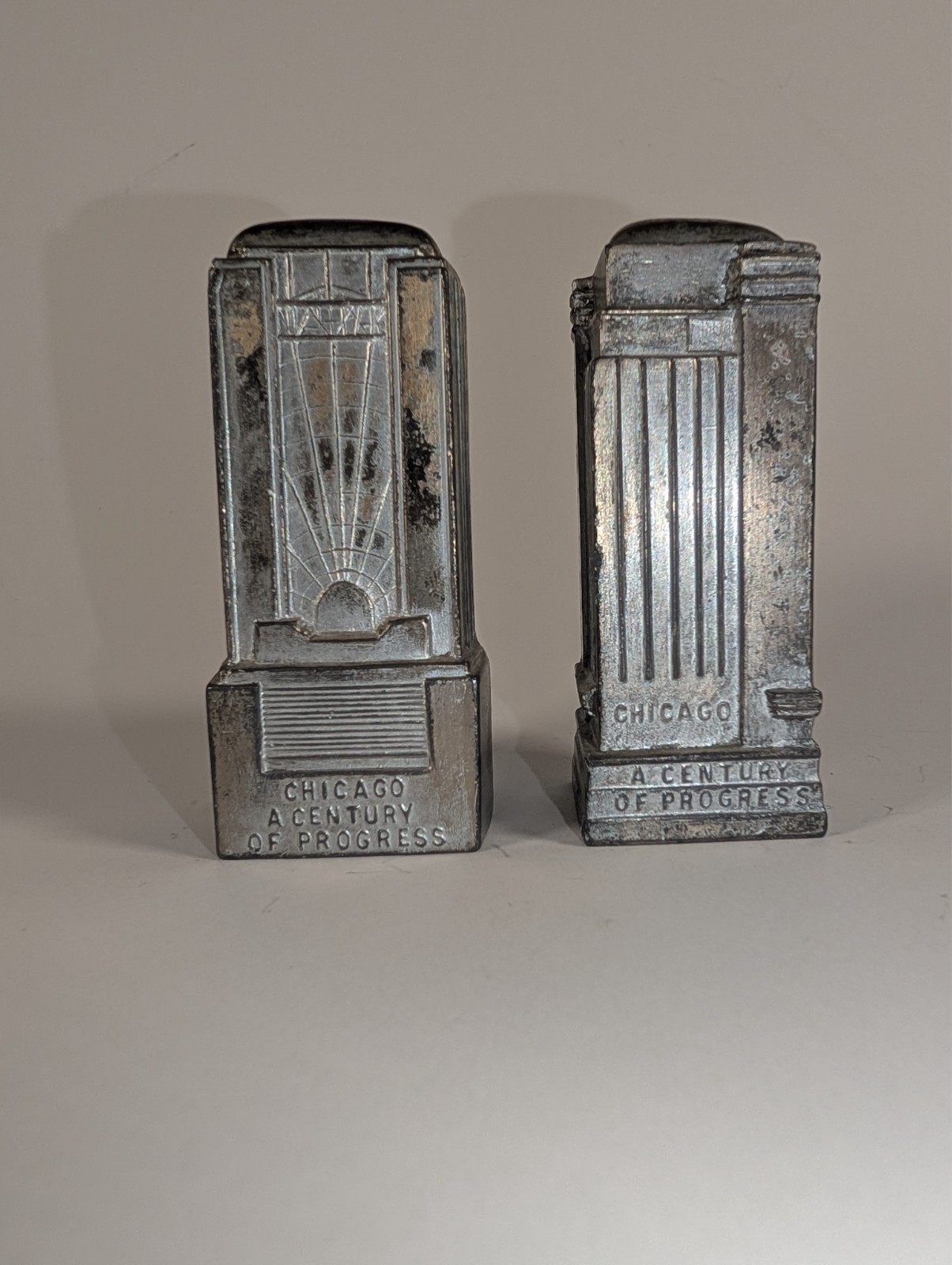Rare 1933 Chicago World's Fair Salt & Pepper Shakers Metal Art Deco Souvenir Set