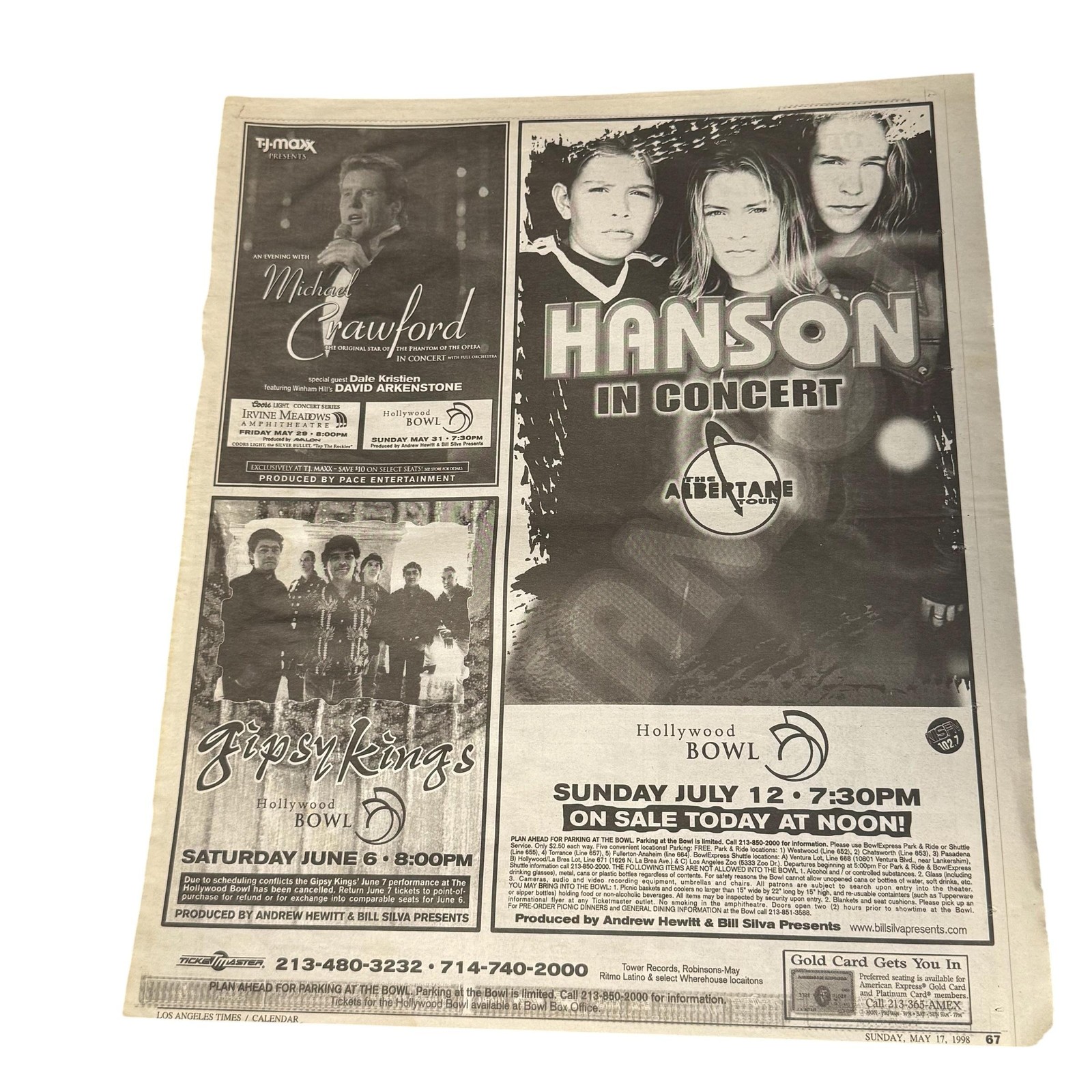 Vintage 1998 Hanson Hollywood Bowl Albertane Tour Newspaper Ad LA Times USA Vintage 1998 Hanson Hollywood Bowl Albertane Tour Newspaper Ad LA Times USA