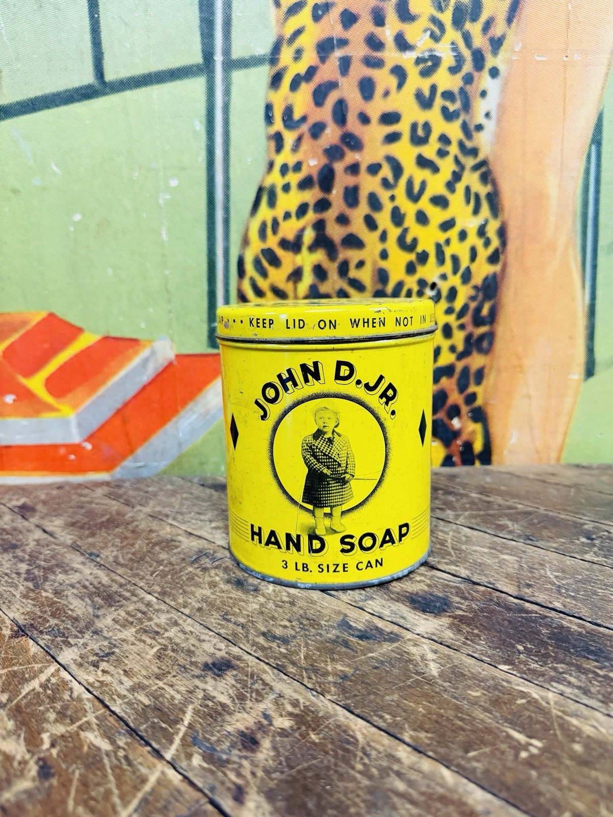 VINTAGE C. 1920 JOHN D. JR. HAND SOAP 3 LB TIN CAN SIGN GENERAL STORE LITTLE BOY VINTAGE C. 1920 JOHN D. JR. HAND SOAP 3 LB TIN CAN SIGN GENERAL STORE LITTLE BOY