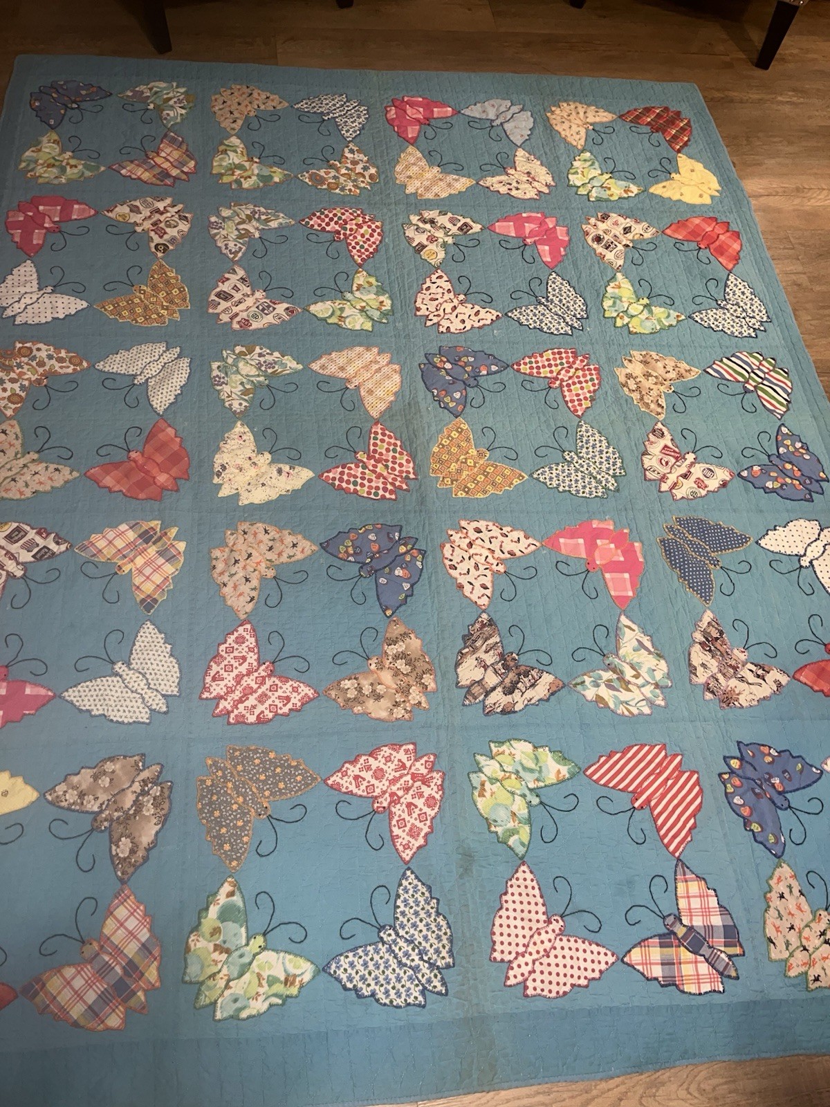 Vintage Handmade Butterfly Applique Quilt 84x68 Hand Quilted Embroidered Vintage Handmade Butterfly Applique Quilt 84x68 Hand Quilted Embroidered