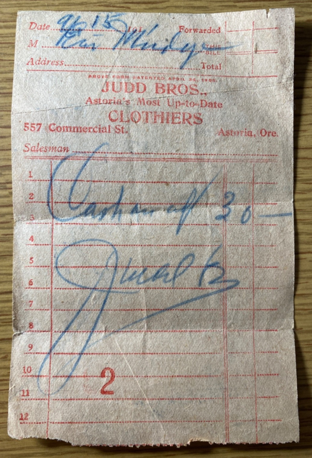 1911 ASTORIA, OREGON - JUDD BROS. CLOTHIERS old store receipt 557 COMMERCIAL ST. 1911 ASTORIA, OREGON - JUDD BROS. CLOTHIERS old store receipt 557 COMMERCIAL ST.