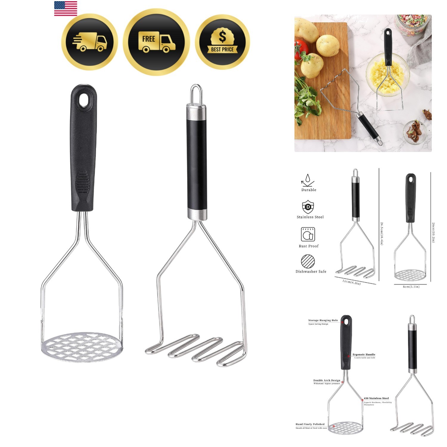 2PCS Potato Masher, Heavy Duty Stainless Steel Mashed Potatoes Masher, Masher... 2PCS Potato Masher, Heavy Duty Stainless Steel Mashed Potatoes Masher, Masher...