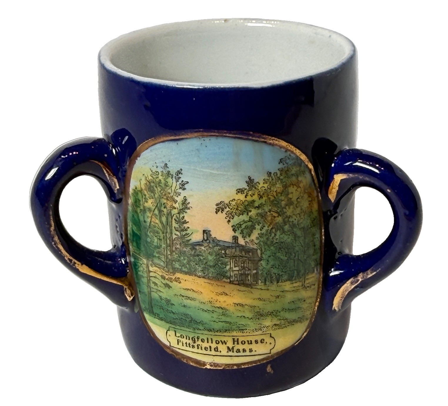 PITTSFIELD MA Massachusetts Souvenir LONGFELLOW Porcelain TYG COBALT CUP TRINKET PITTSFIELD MA Massachusetts Souvenir LONGFELLOW Porcelain TYG COBALT CUP TRINKET