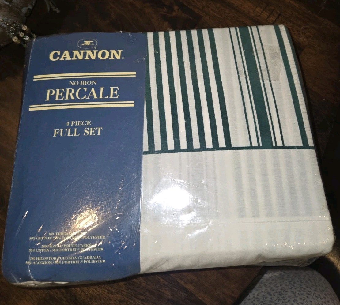 Vintage Cannon Monticello 4 Piece Full Sheet Set Green White Stripe Percale NEW Vintage Cannon Monticello 4 Piece Full Sheet Set Green White Stripe Percale NEW