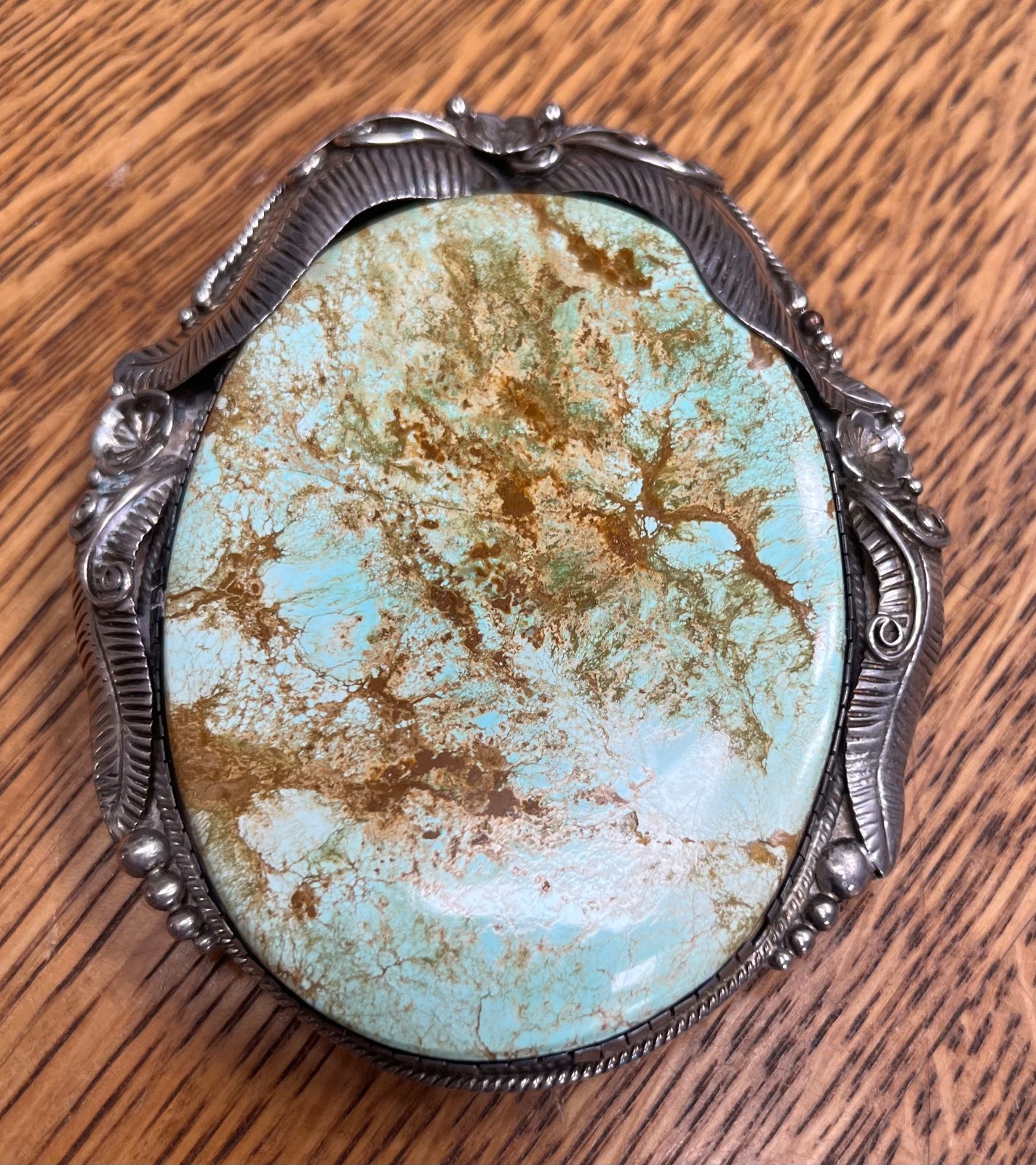 HUGE RARE SILVER & TURQUOISE BELT BUCKLE or PENDANT 4.25 by 3.5" EXCELLENT