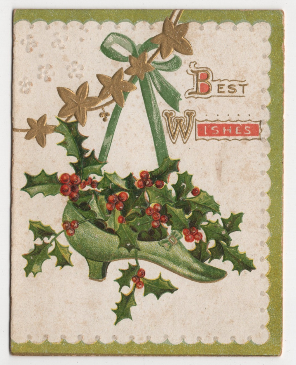1912 Antique German Embossed Christmas Card Holly Heeled Shoe Fold-Out
