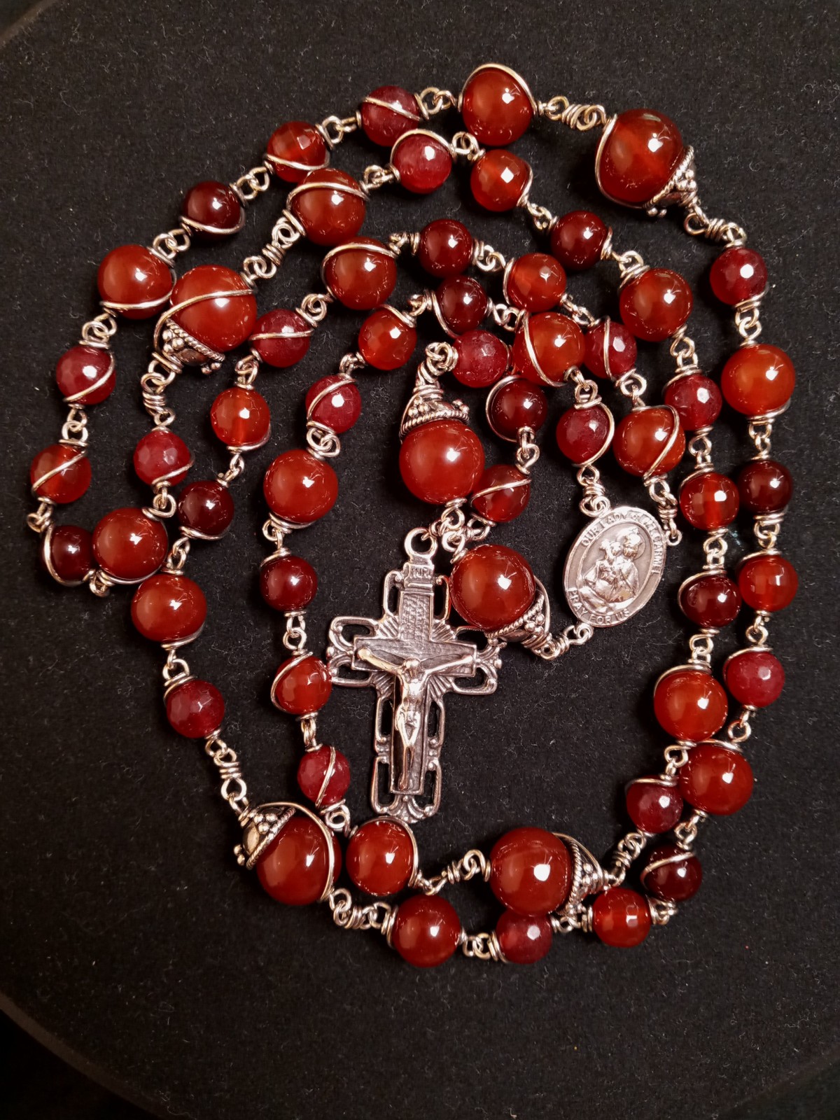 Genuine Sterling S WireWrap Red Agate Carnelian Cherry Quartz Handmade Rosary Genuine Sterling S WireWrap Red Agate Carnelian Cherry Quartz Handmade Rosary