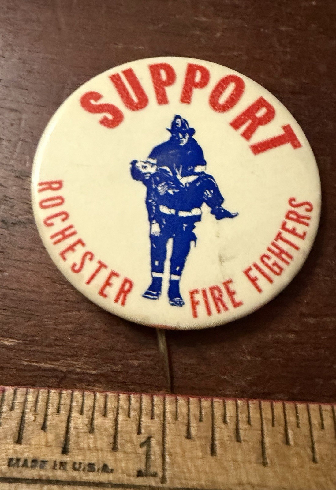 Vintage Pinback Support Rochester Fire Fighters 1.75 in Dia. Bastian Bros. Vintage Pinback Support Rochester Fire Fighters 1.75 in Dia. Bastian Bros.