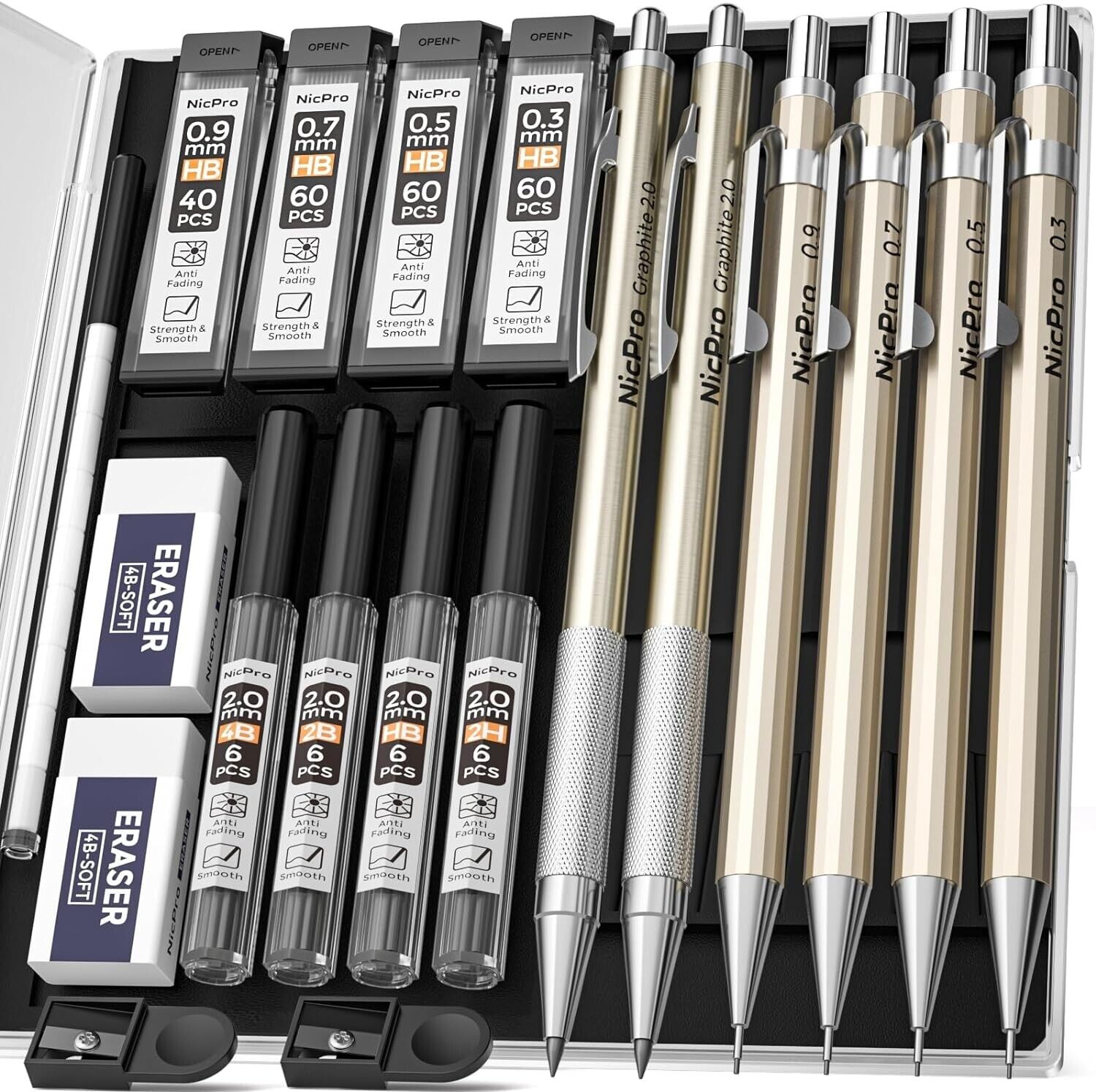New Nicpro 6 PCS Metal Mechanical Pencil Set in Case, Artist Drafting Pencils