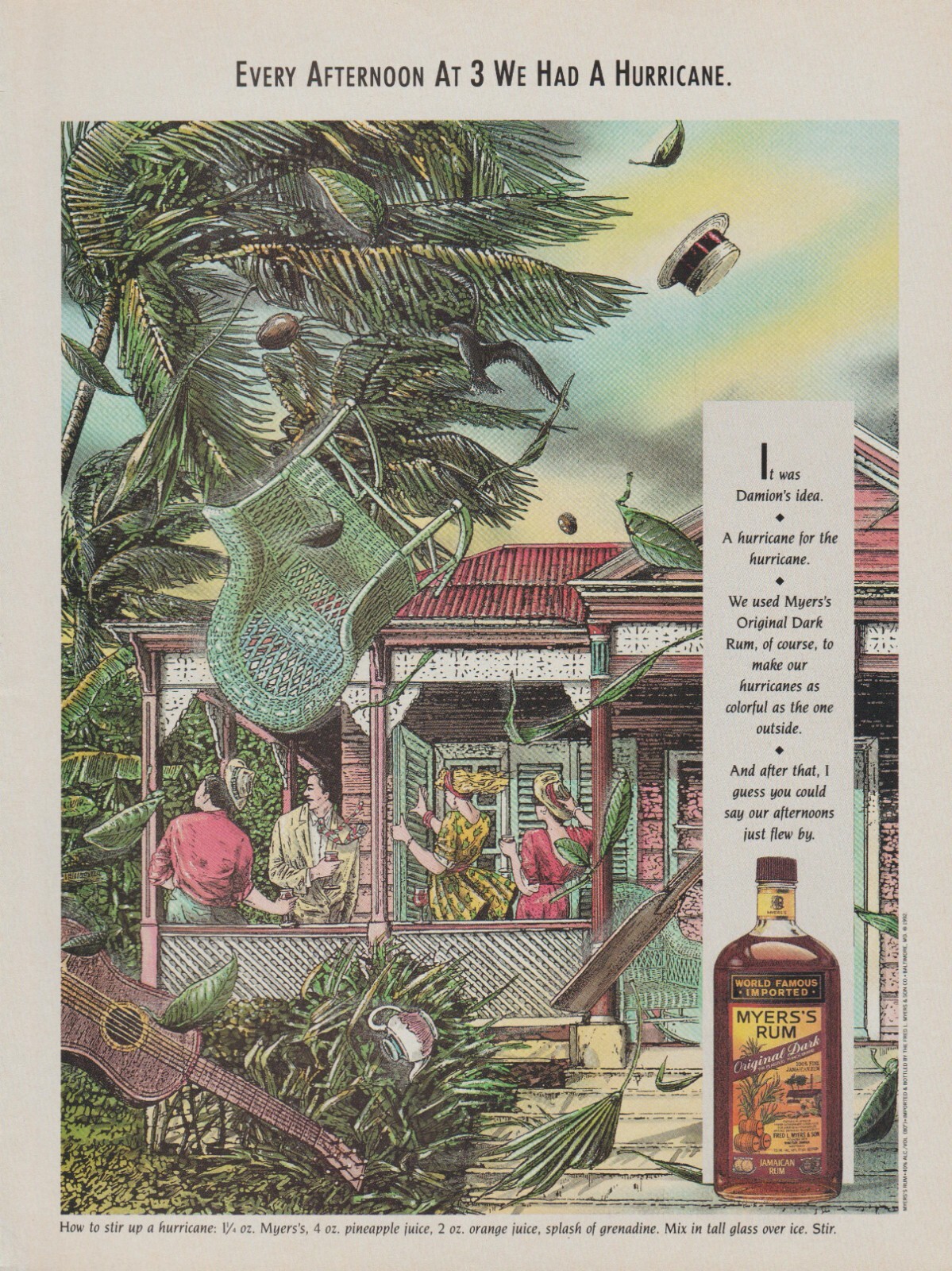 1992 Myers's Rum - Tropical Island Beach Cottage Hurricane -Print Ad Cartoon Art