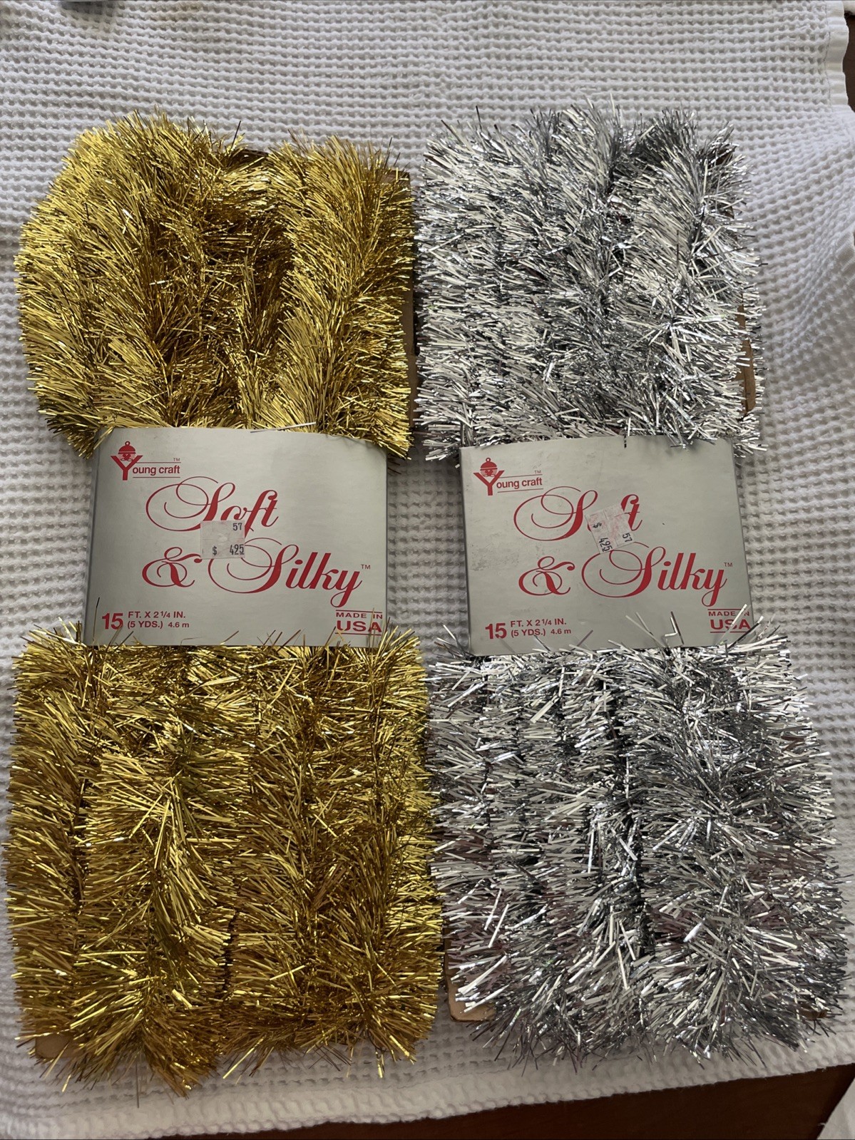 2pkgs NOS 15’x2=30’ Soft/Sassy Young Craft Xmas Tinsel Garland 1Gold 1Silver USA 2pkgs NOS 15’x2=30’ Soft/Sassy Young Craft Xmas Tinsel Garland 1Gold 1Silver USA