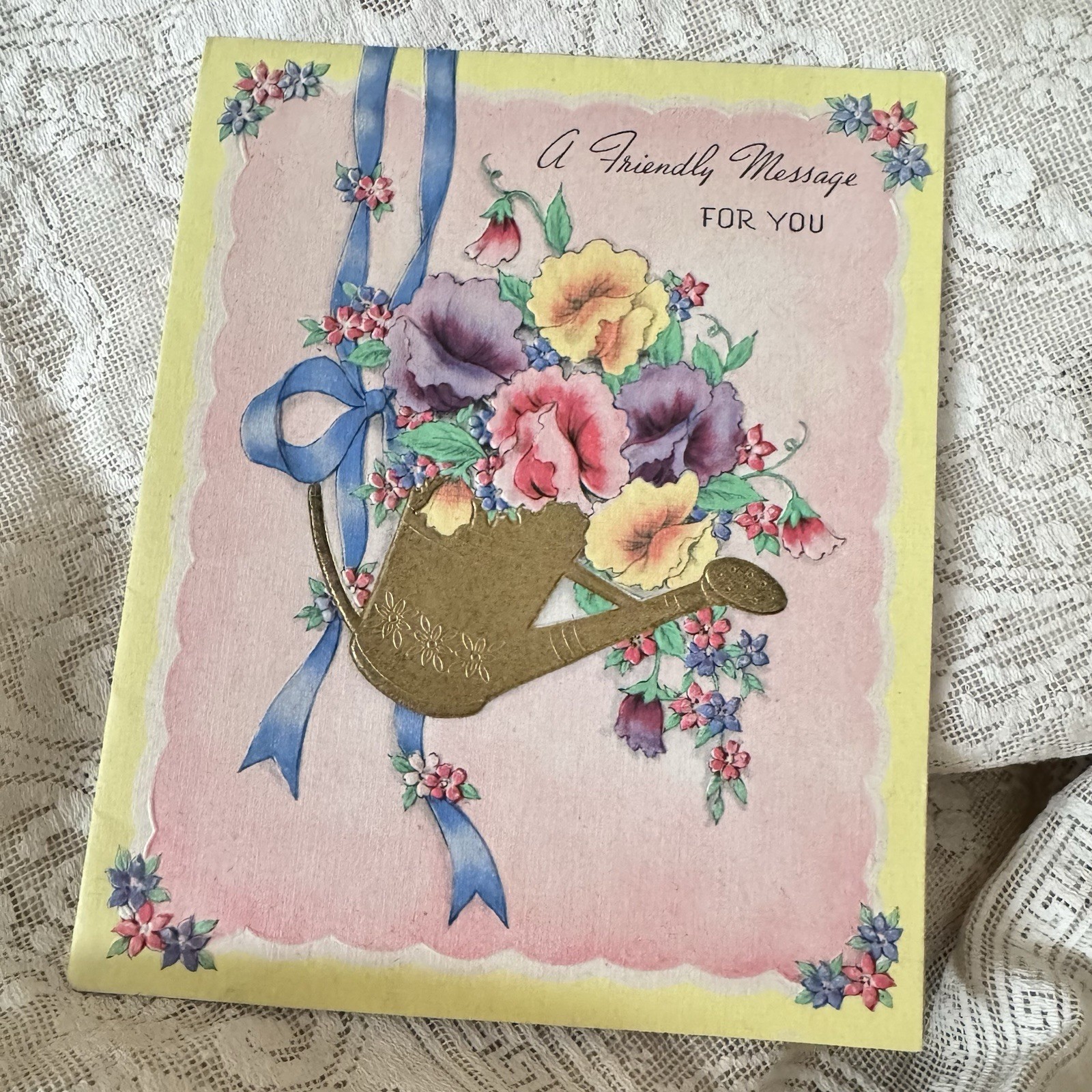 Vintage Friendship Greeting Card Gold Watering Can Flowers Friendly Message Vintage Friendship Greeting Card Gold Watering Can Flowers Friendly Message