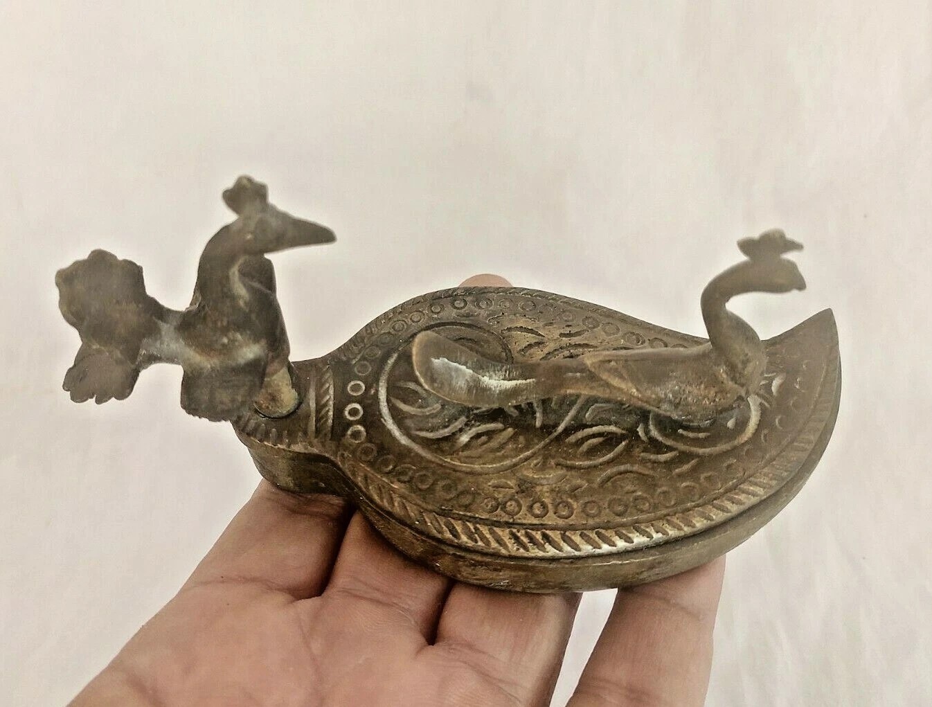 Vintage Brass Hindu Religious Peacock Chopda Kumkum Tikka Box Unique Collectible