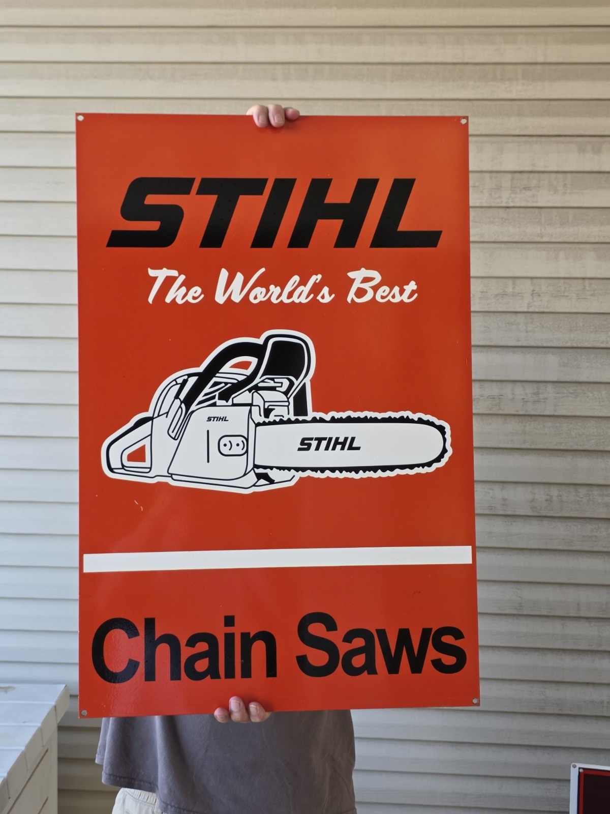 LARGE VINTAGE 1960'S STIHL DEALERSHIP PORCELAIN CHAINSAW SIGN 30" X 20" LARGE VINTAGE 1960'S STIHL DEALERSHIP PORCELAIN CHAINSAW SIGN 30" X 20"