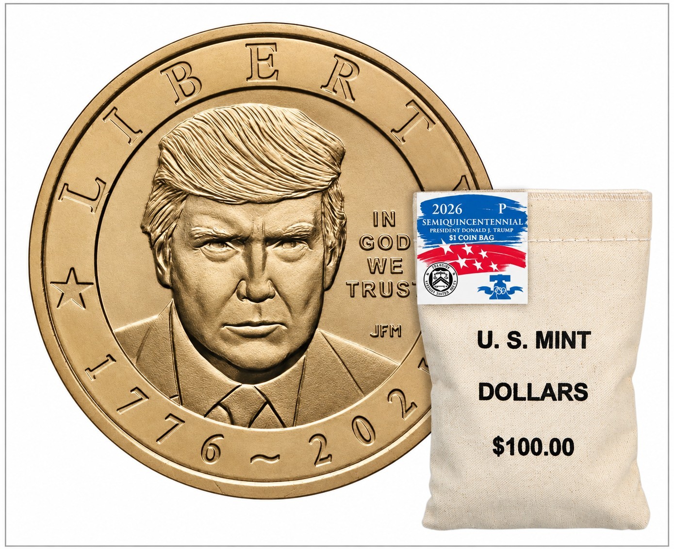 2026-P Donald J. Trump $1 Coin Bag 100 Coins $100 U.S. Mint 26SQBP 2026-P Donald J. Trump $1 Coin Bag 100 Coins $100 U.S. Mint 26SQBP