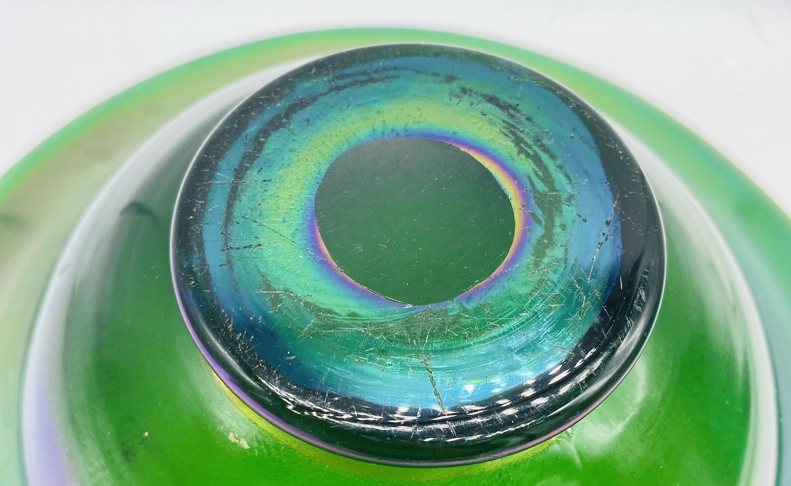 Large Art Nouveau Antique Unknown Iridescent Green Blown Glass Bowl Vase Large Art Nouveau Antique Unknown Iridescent Green Blown Glass Bowl Vase