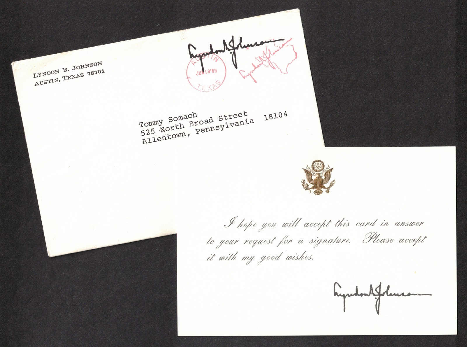 Lyndon B. Johnson U.S. President Original Thank You Card & Envelope Dated 1969 Lyndon B. Johnson U.S. President Original Thank You Card & Envelope Dated 1969
