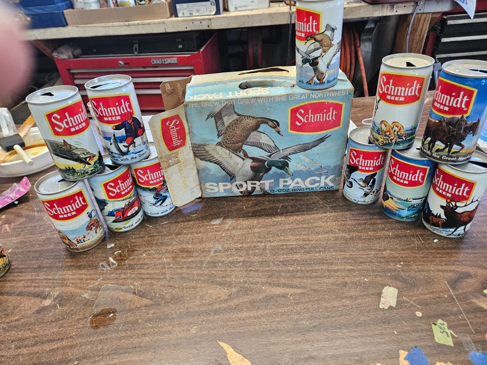 SCHMIDT 11 empty beer cans in Sport Pack Original Box Fish Skier Ducks Unlimited SCHMIDT 11 empty beer cans in Sport Pack Original Box Fish Skier Ducks Unlimited