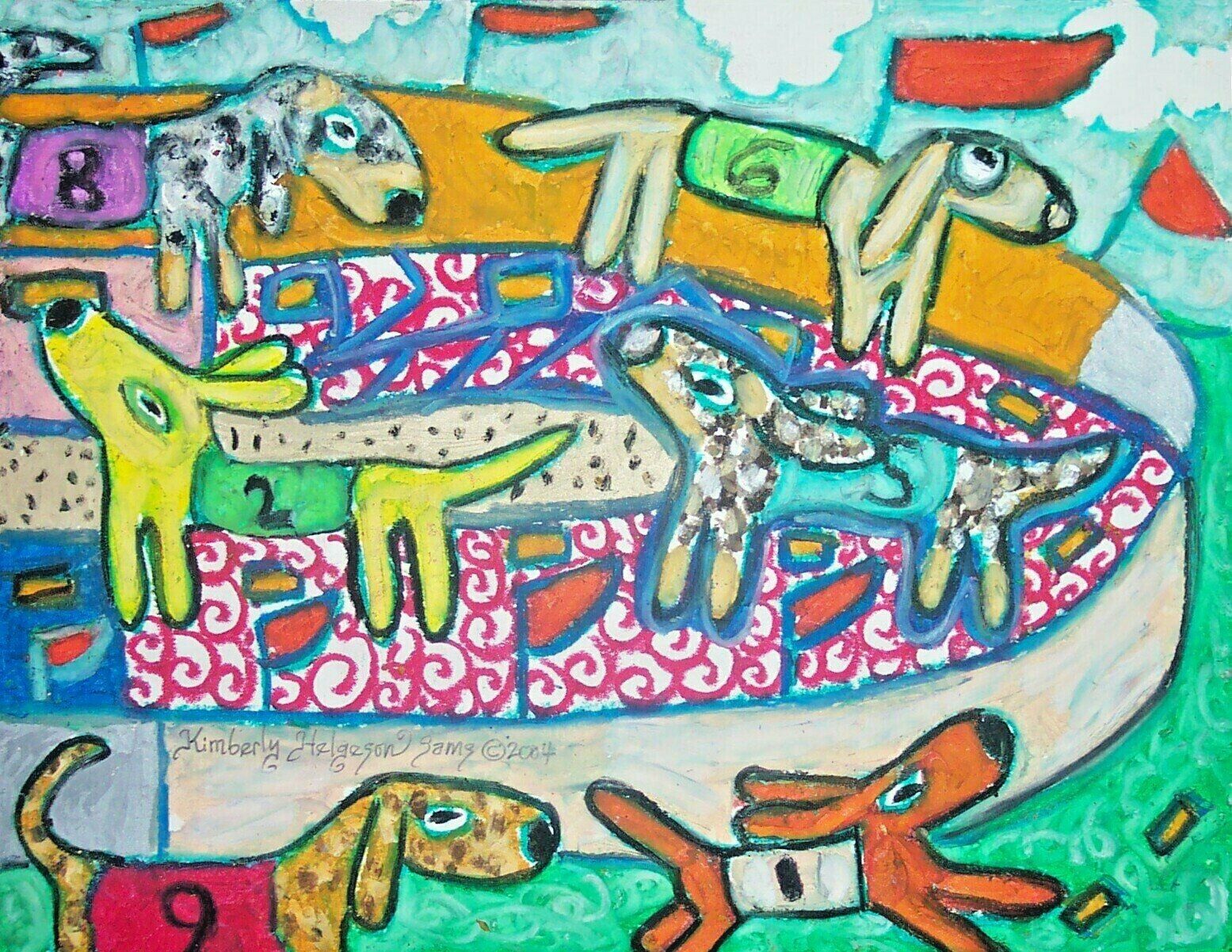 5x7 Dachshund Weiner Dog Races Art Print gift KSams modern folk new