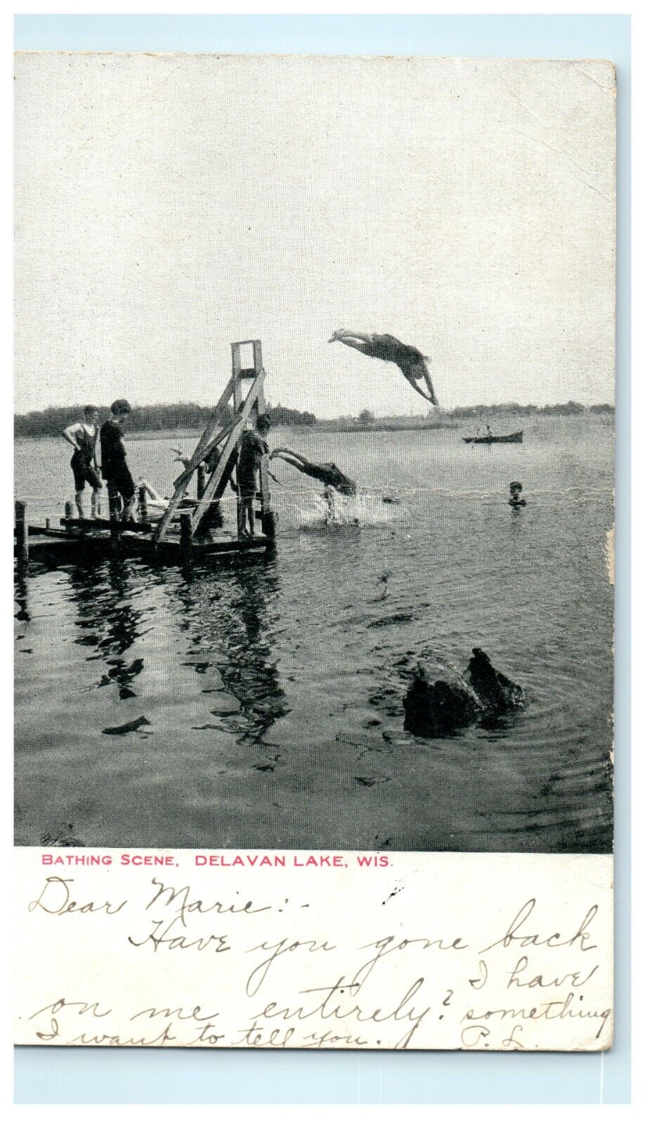 1905 Bathing Scene, Delavan Lake, Wisconsin WI Antique Postcard