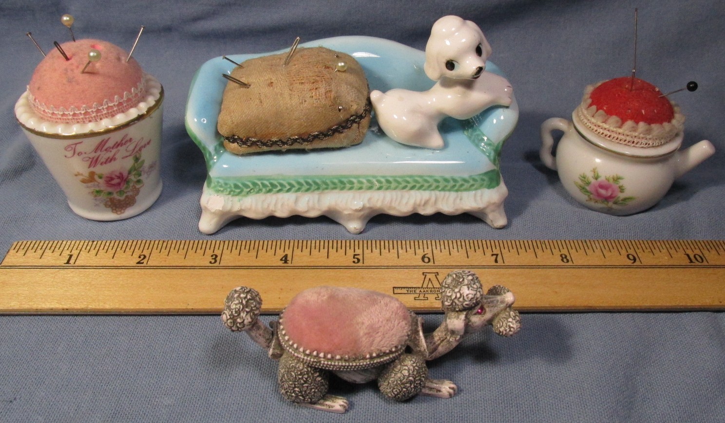LOT of 4 Vintage Sewing PIN CUSHIONS ~ Florenza Poodles Porcelain Teapot Mother LOT of 4 Vintage Sewing PIN CUSHIONS ~ Florenza Poodles Porcelain Teapot Mother