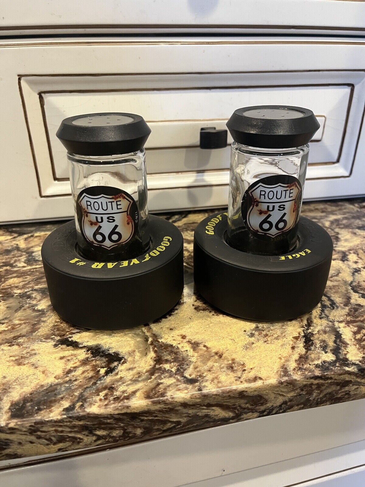 ROUTE 66 GOODYEAR TIRE GLASS SALT AND PEPPER SHAKERS