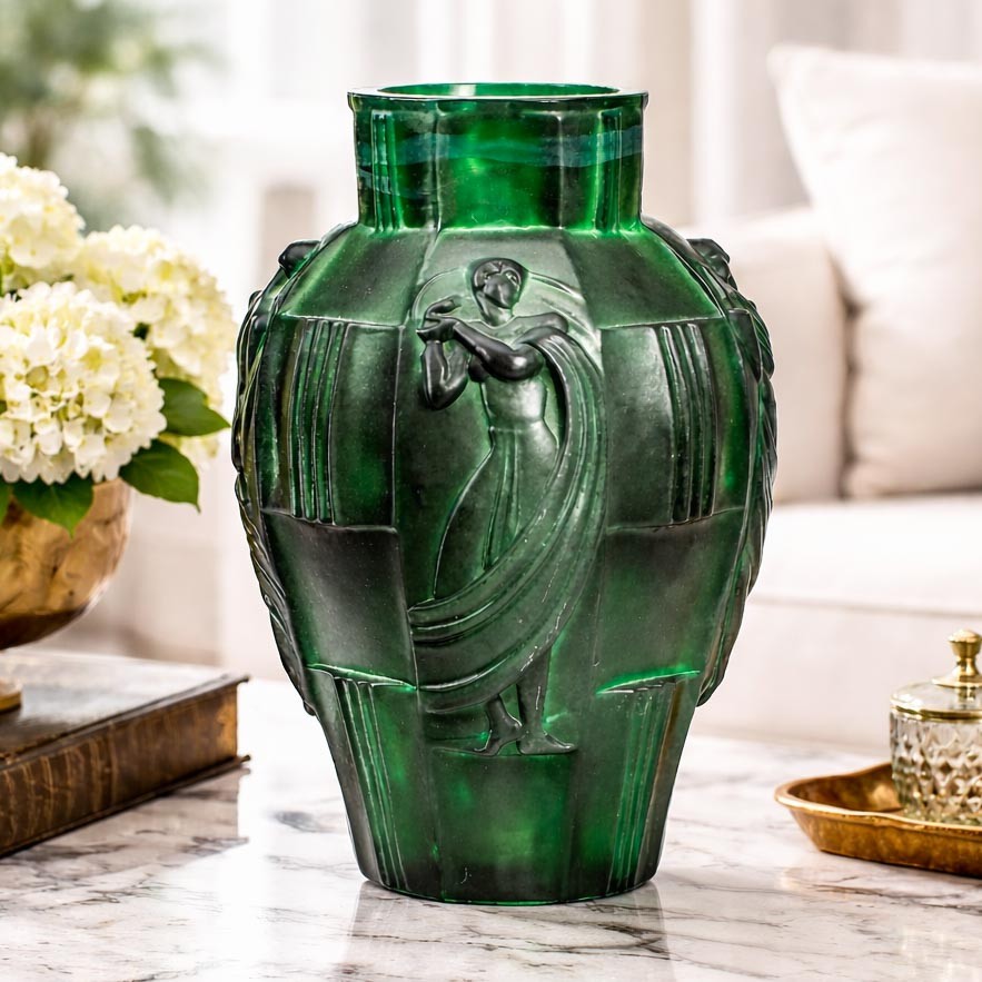 Exceptional Antique Art Deco Malachite Glass Figural Vase Home Decor Exceptional Antique Art Deco Malachite Glass Figural Vase Home Decor