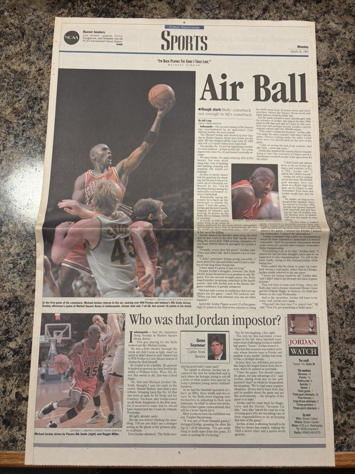 1995 Michael Jordan Returns Newspaper. 1995 Michael Jordan Returns Newspaper.
