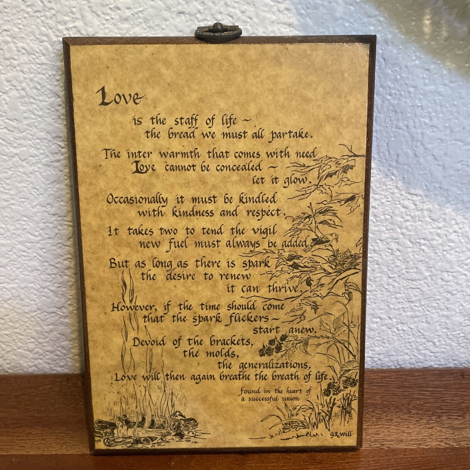 Vintage 1975 Love Poem Wooden Wall Art Plaque Calligraphy 8 X 6 G.R. Will Yellow