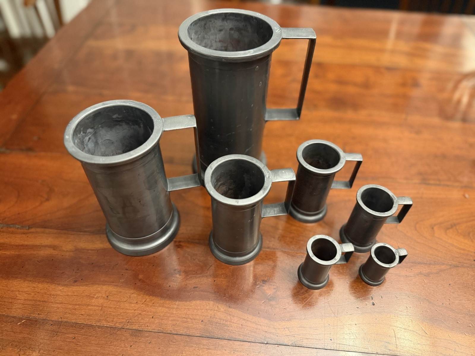 Antique 19thC French Pewter Graduated Liquid Measures Set 7 Crown Verification Antique 19thC French Pewter Graduated Liquid Measures Set 7 Crown Verification