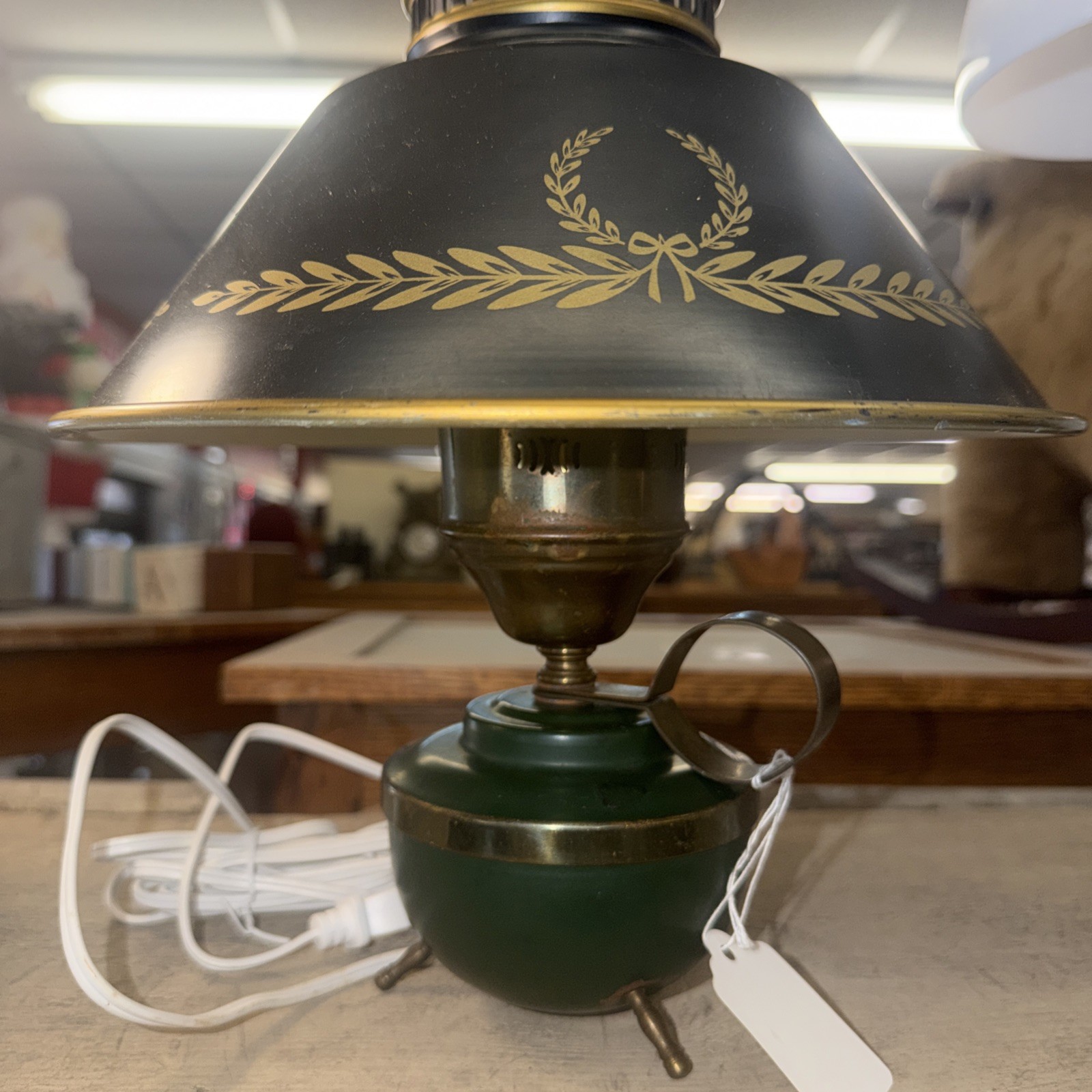 Tole Metal Table Lamp, green base with black and gold shade Tole Metal Table Lamp, green base with black and gold shade