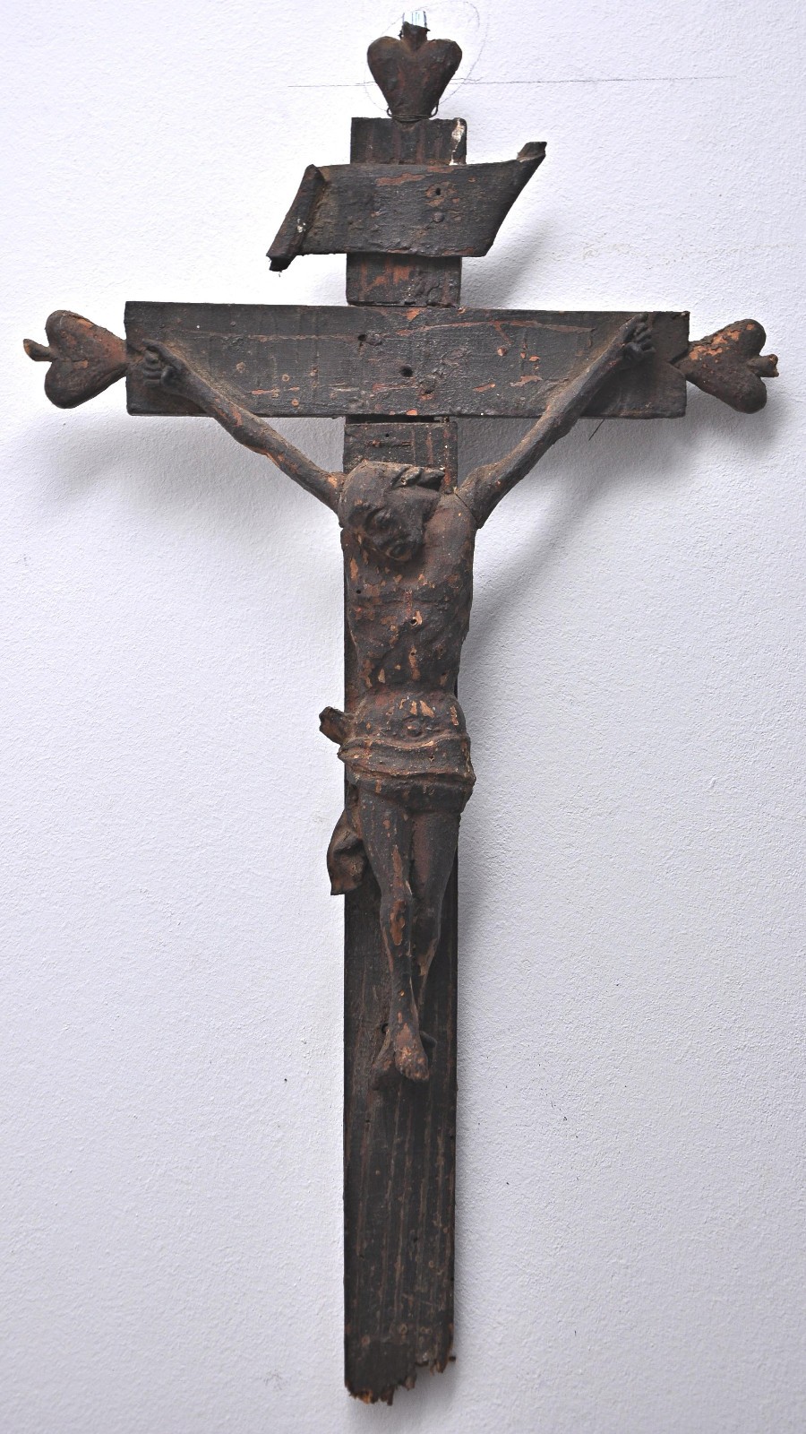 Early Antique Italian Crucifix - Hand Carved Wood Polychrome Cross Jesus 17.3"