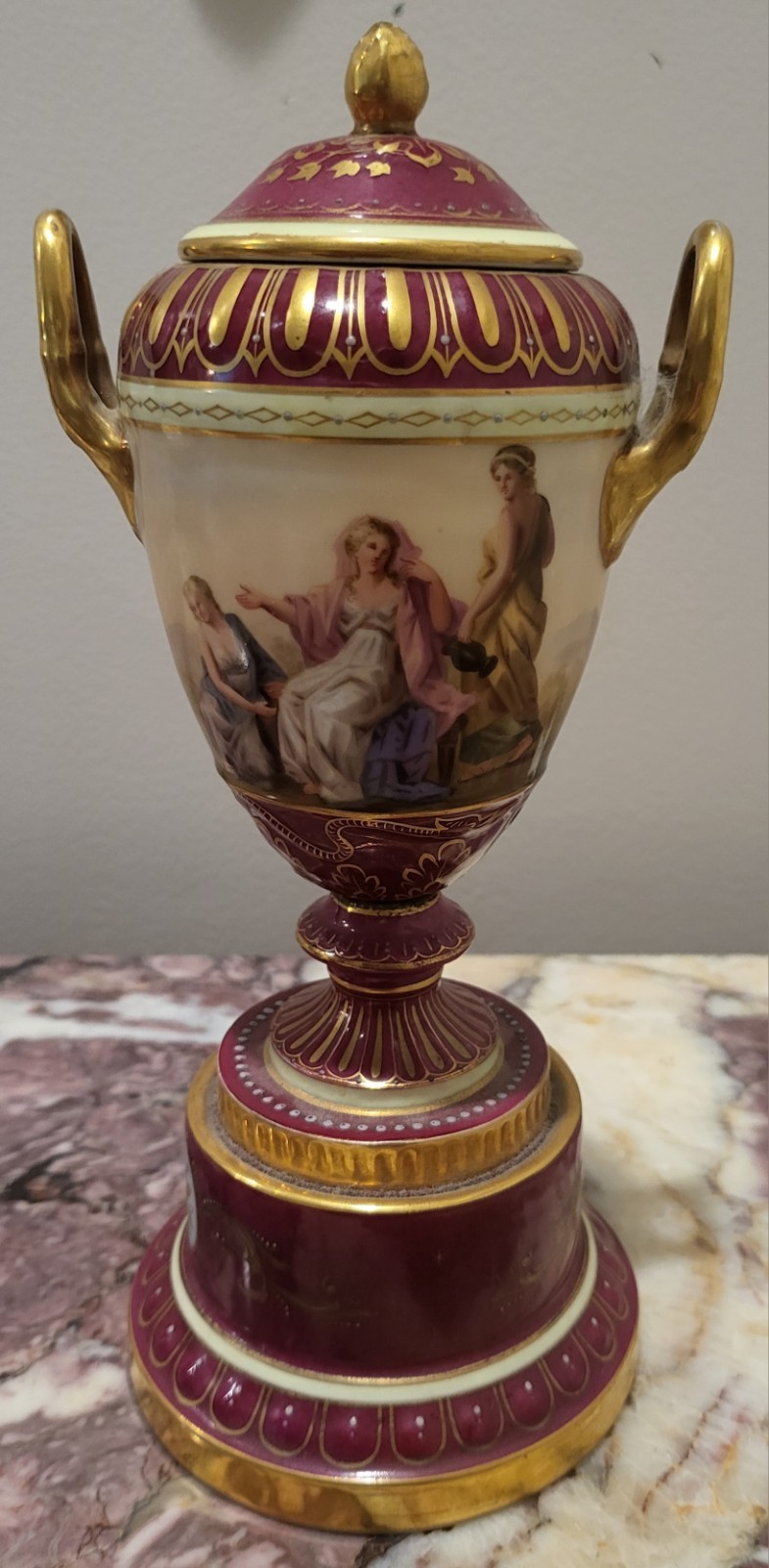 9" Royal Vienna Double Handled Gilt Hand-painted Porcelain Antique Urn
